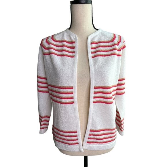 Talbott Cardigan White Stripes Tan Pink Eye Hook Closure Medium - Picture 1 of 6